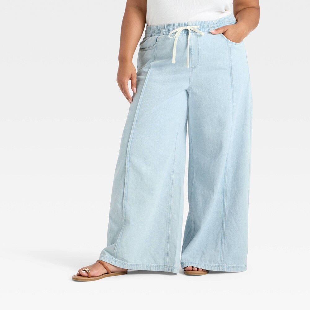High-Rise Drawstring Wide Leg Relaxed Fit Beach Pants - Blue XXL
